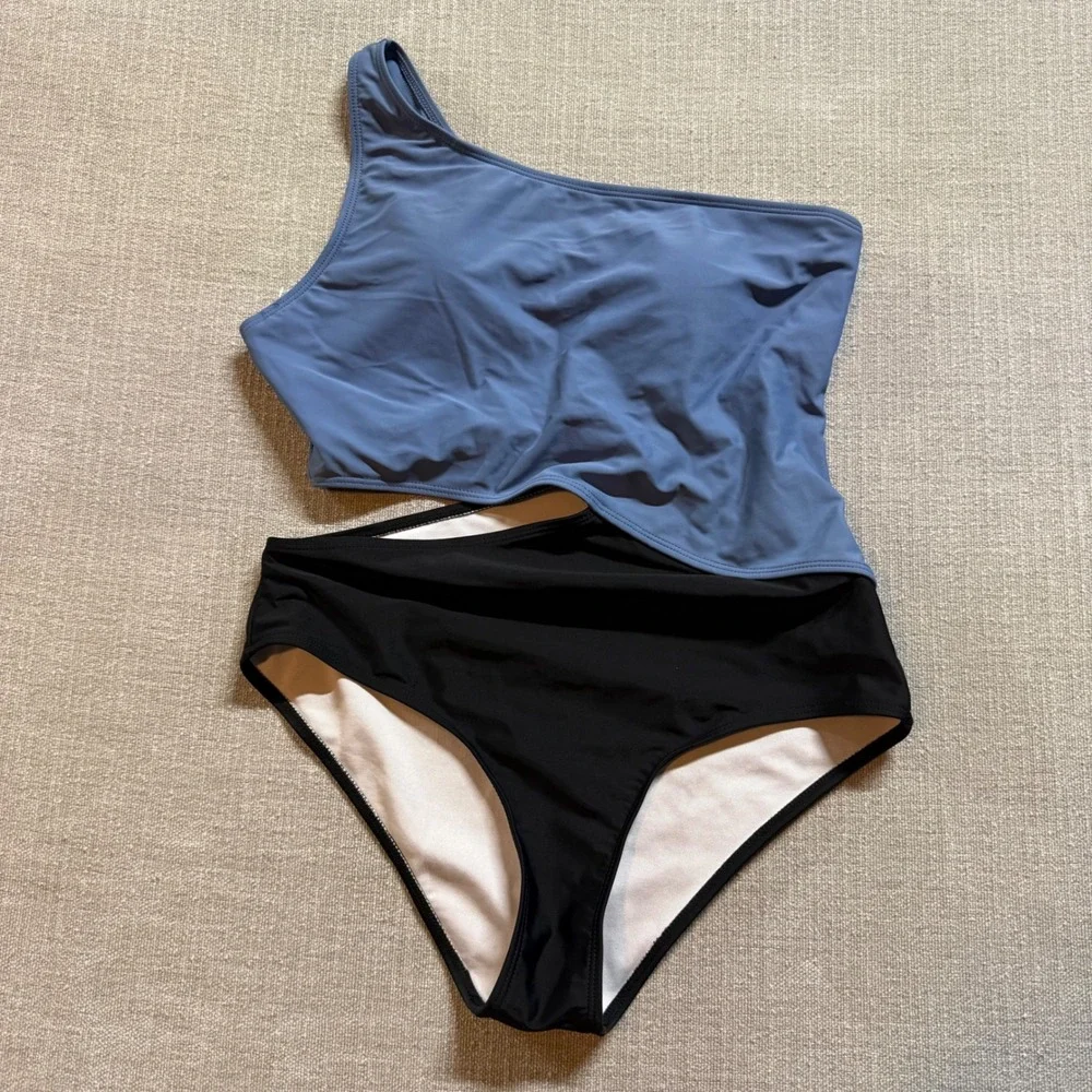 One Shoulder Cut Out One‎ Piece Swimsuit Size Large Blue Black Monokini Swimwear